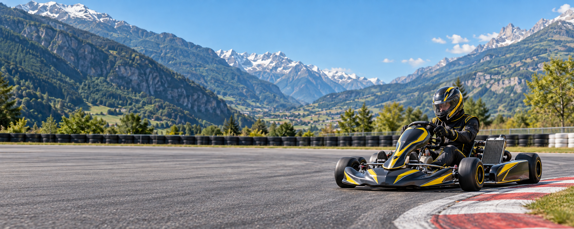 Pilota su kart KZ nero e giallo in curva